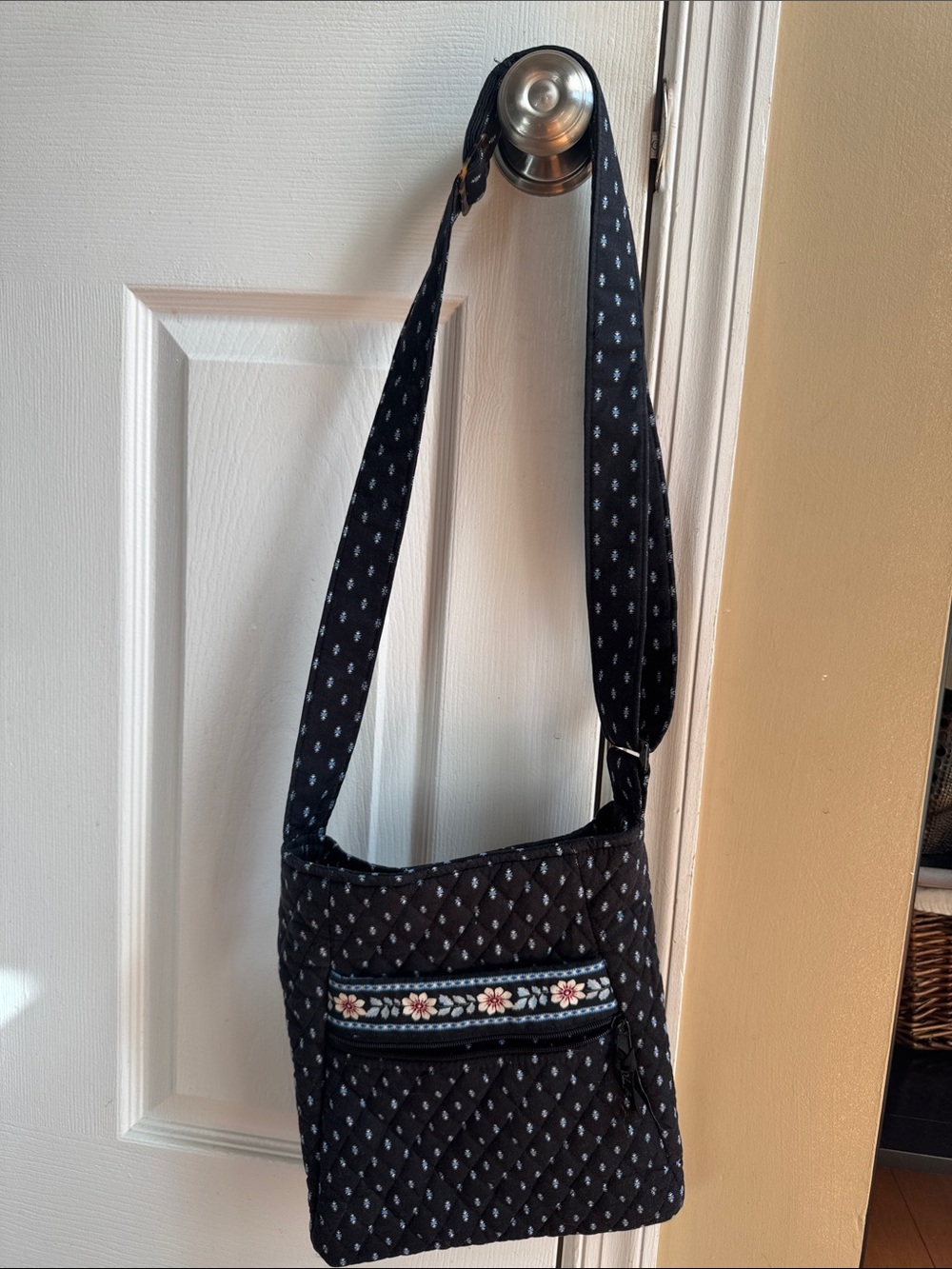 Like New Classic Vera Bradley Black Quilted Crossbody with Floral Trim